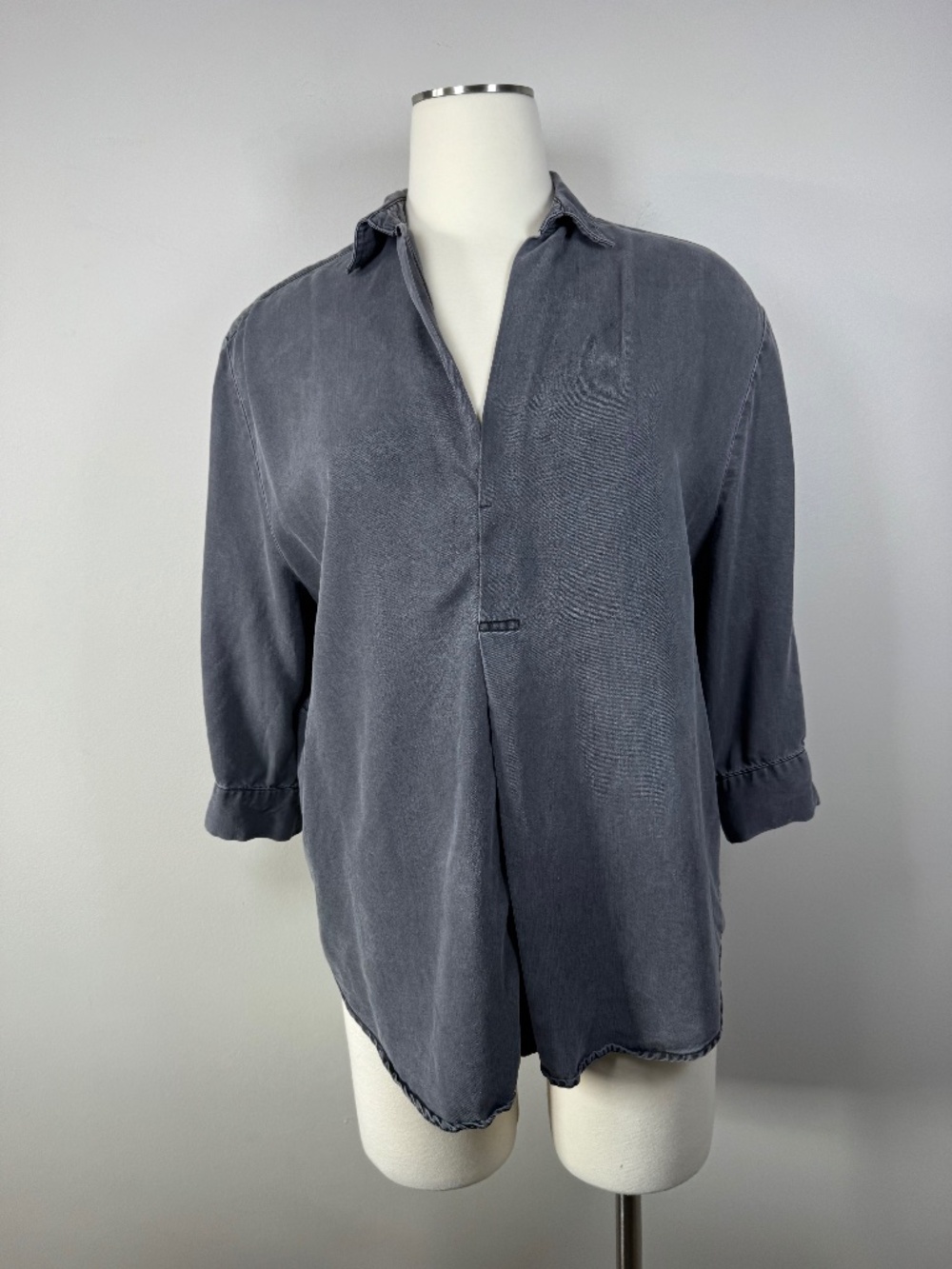 Zara Slate Gray V-Neck Button-Trim Blouse